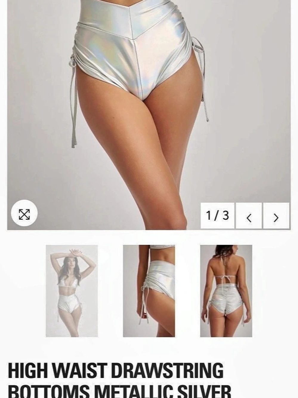 Luna Lae High Waist Drawstring Bottoms Metallic Silver Bikini Bottoms NWT